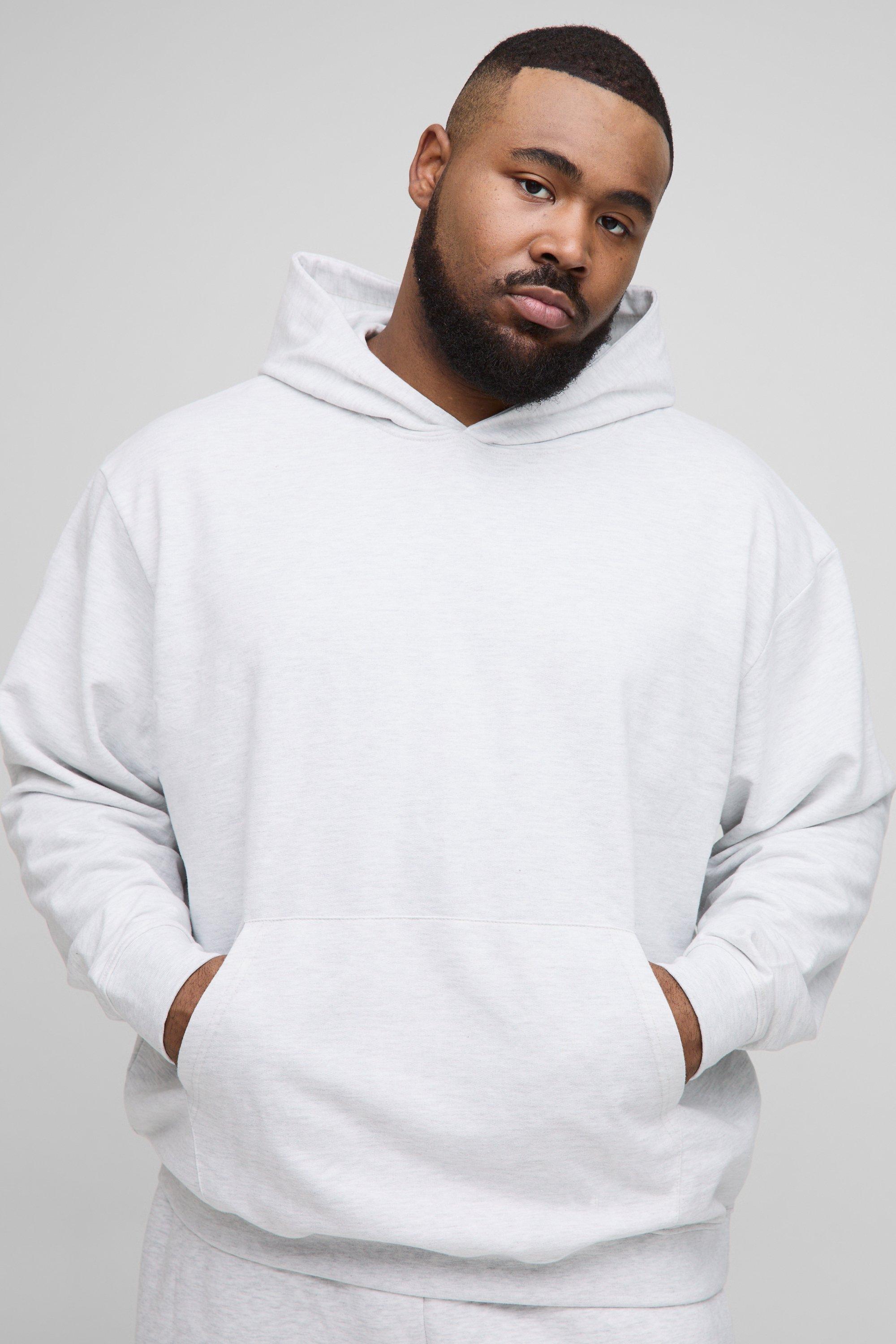 Mens Grey Plus 260GSM Loopback Oversized Fit Basic Hoodie, Grey